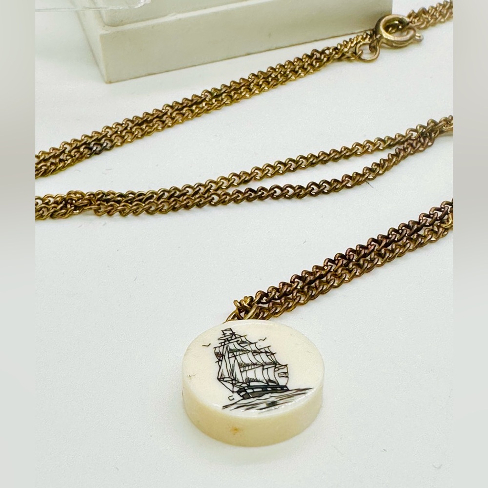 Vintage Scrimshaw Boat Pendant